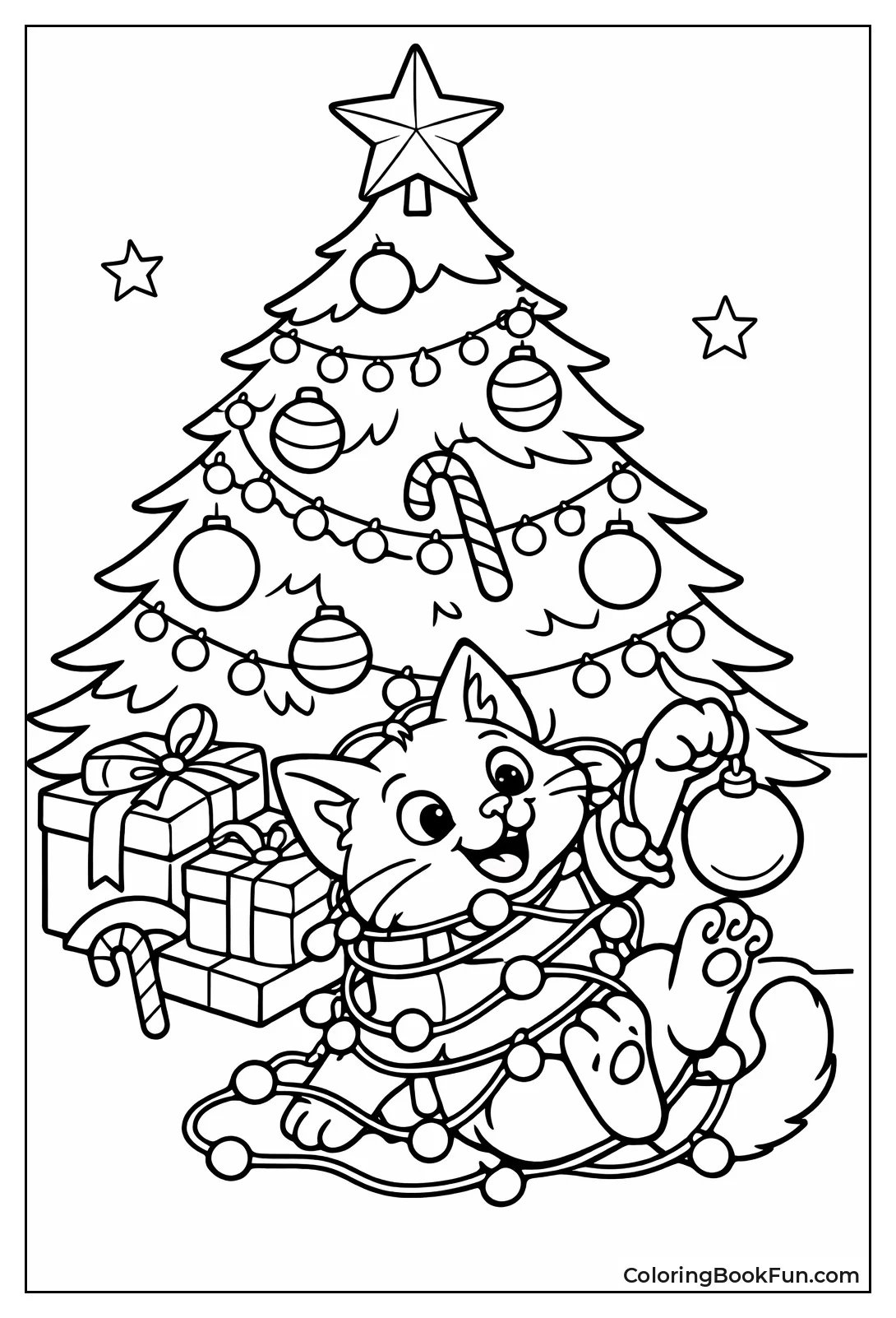 Cat Tangled in Tree Lights