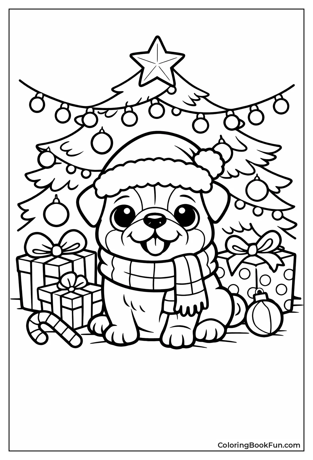 Pug under Christmas Tree