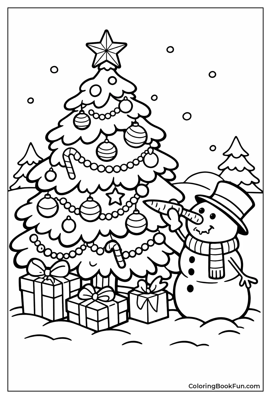 Snowman Decorating Snowy Tree