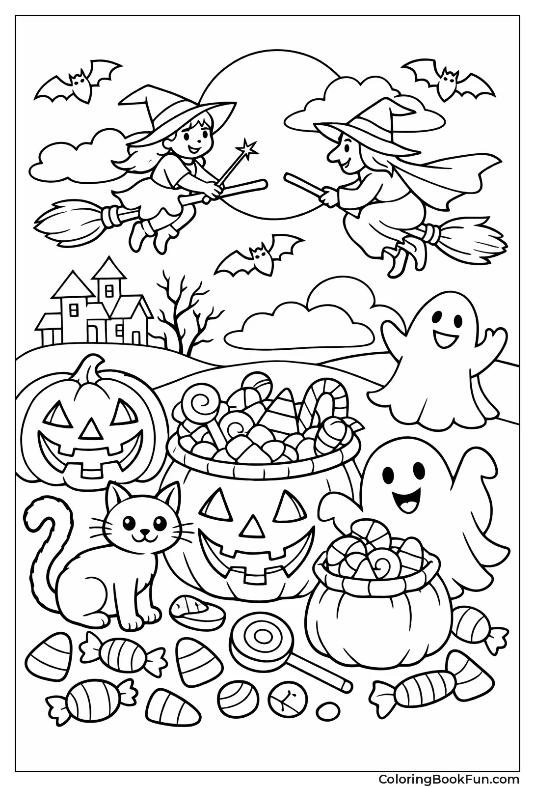 Witch Riding Broom with Cat