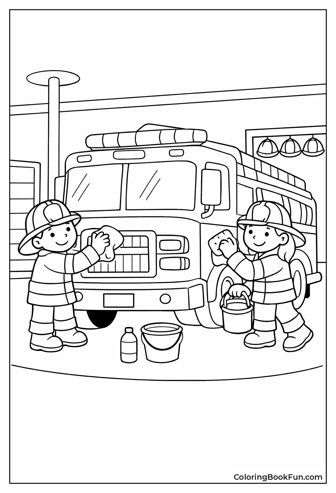 Firefighters Polishing Station Truck