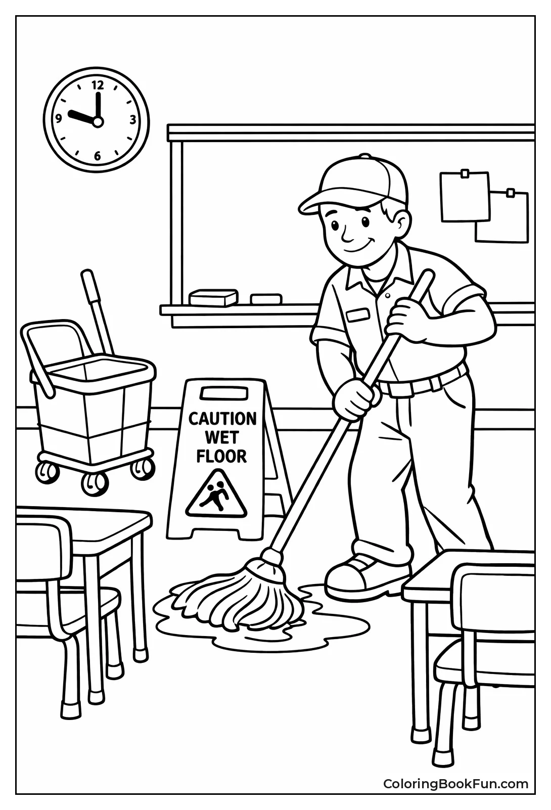 Janitor Mopping Classroom Floor