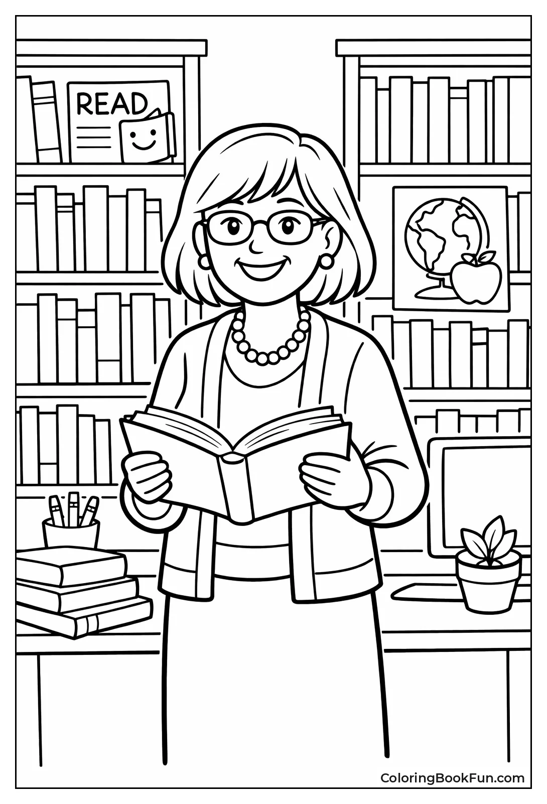 Librarian Holding Tall Book Stack