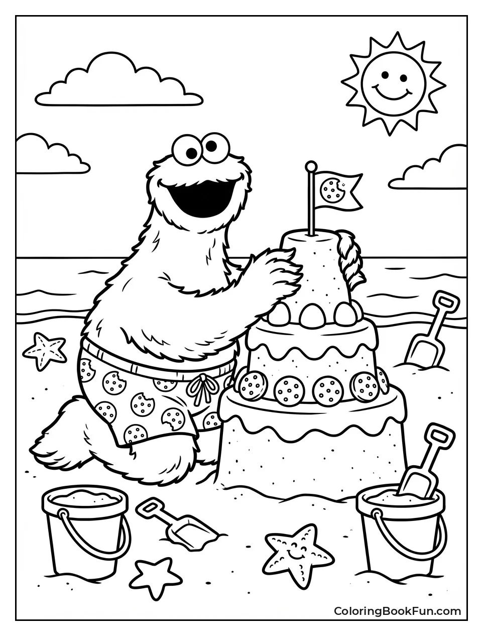 Cookie Monster Builds Beach Sandcastle