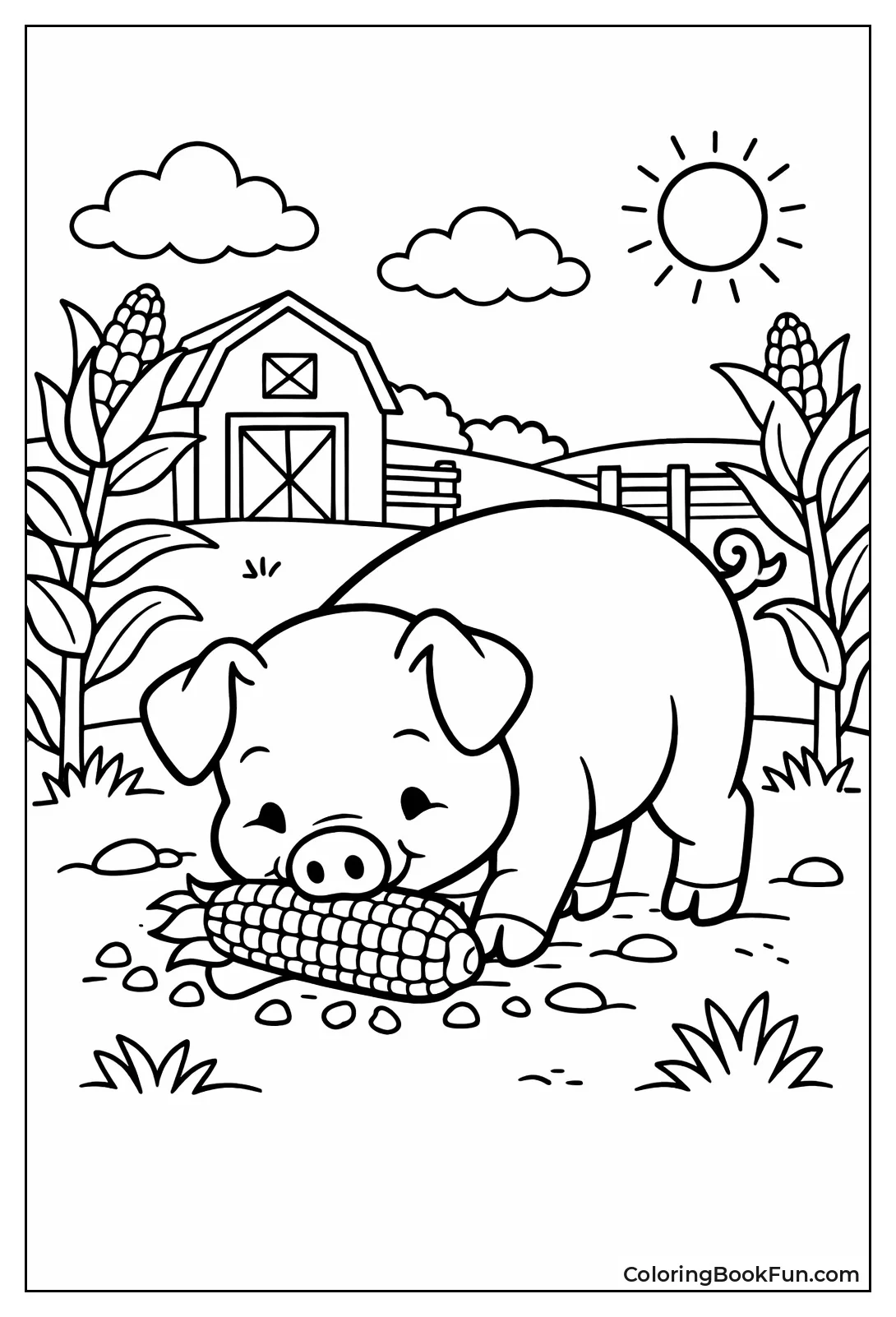 Pig Eating Corn in Field