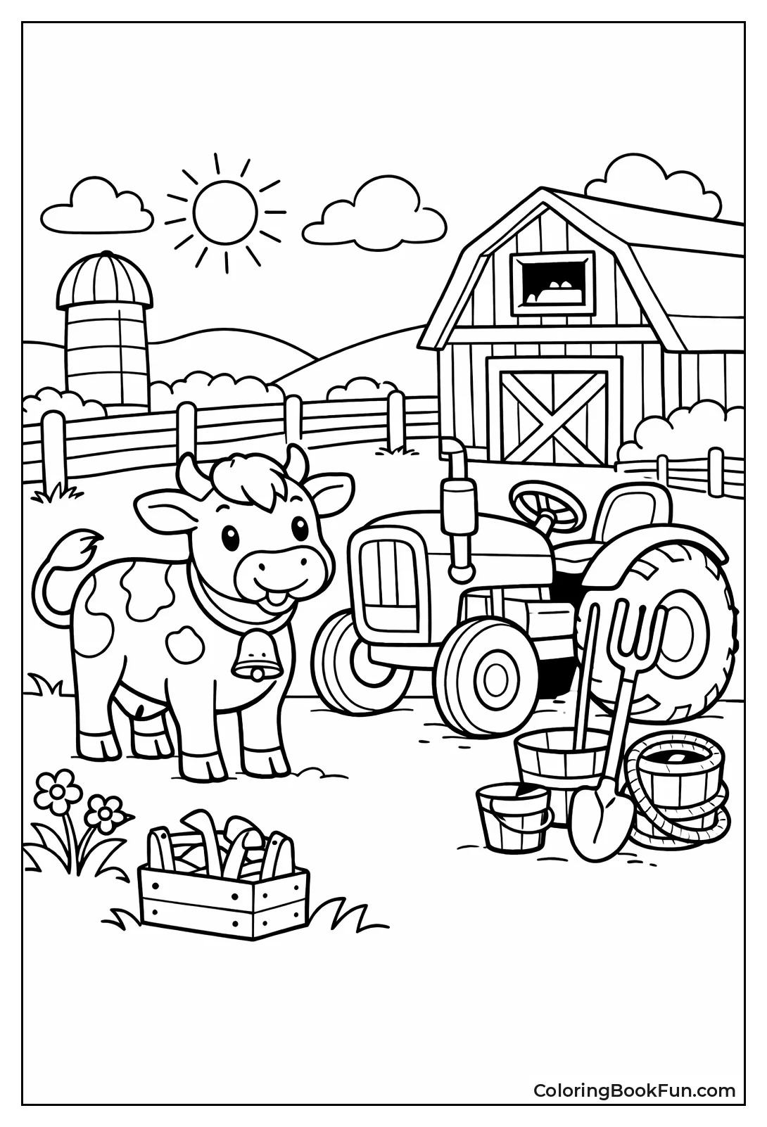 Cow near Farm Tractor