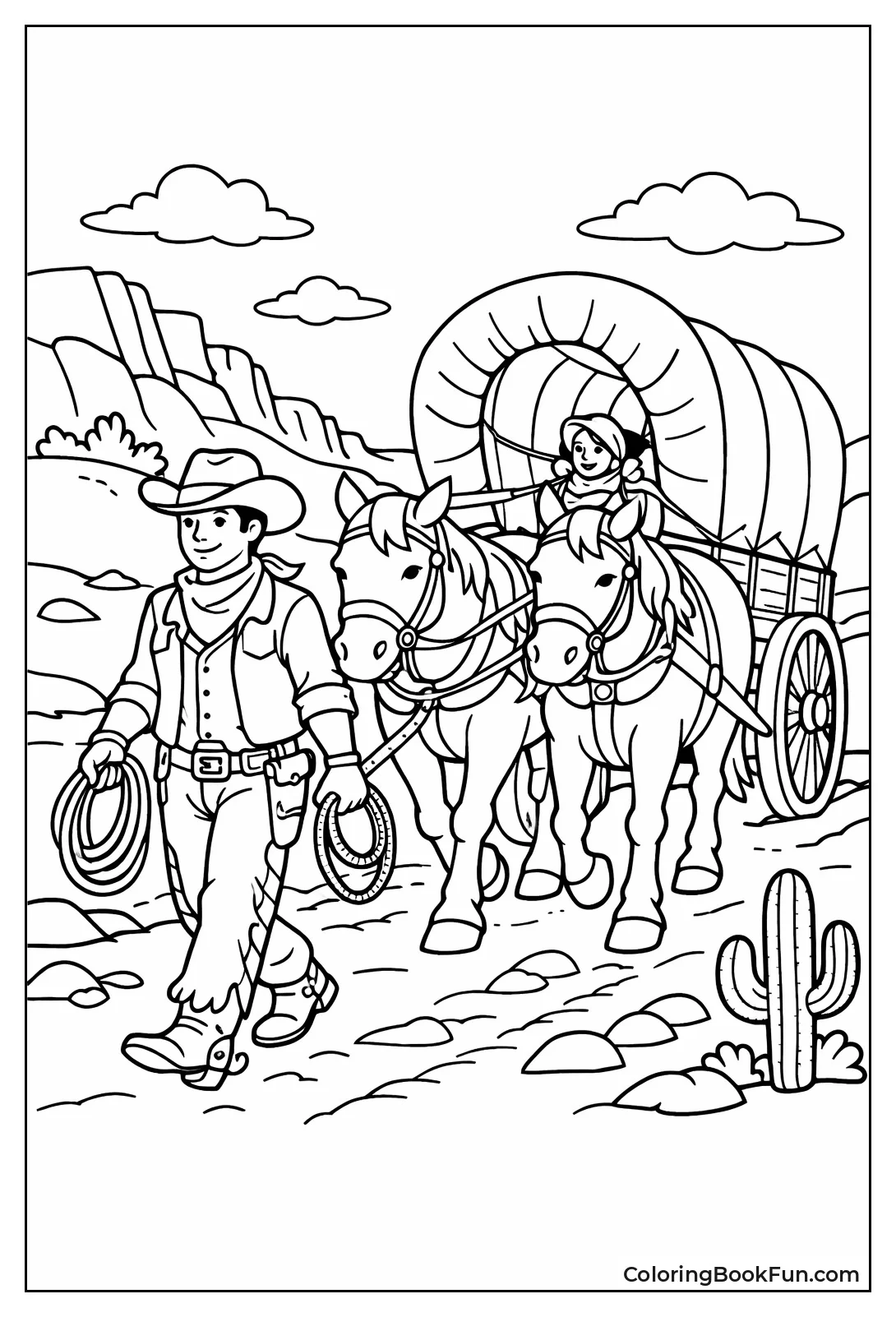 Cowboy Leading Covered Wagon