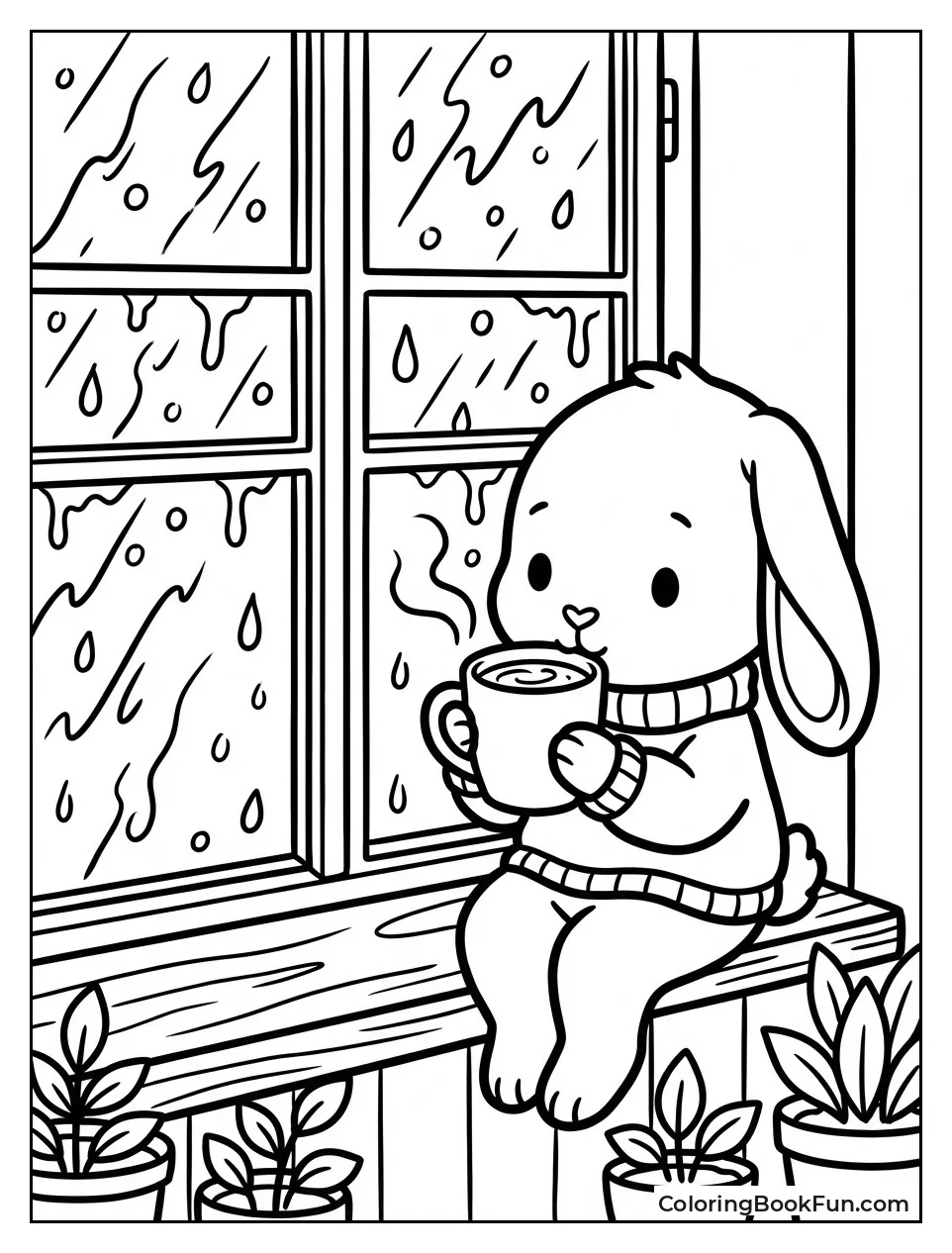 Bunny Sipping Rainy Cocoa