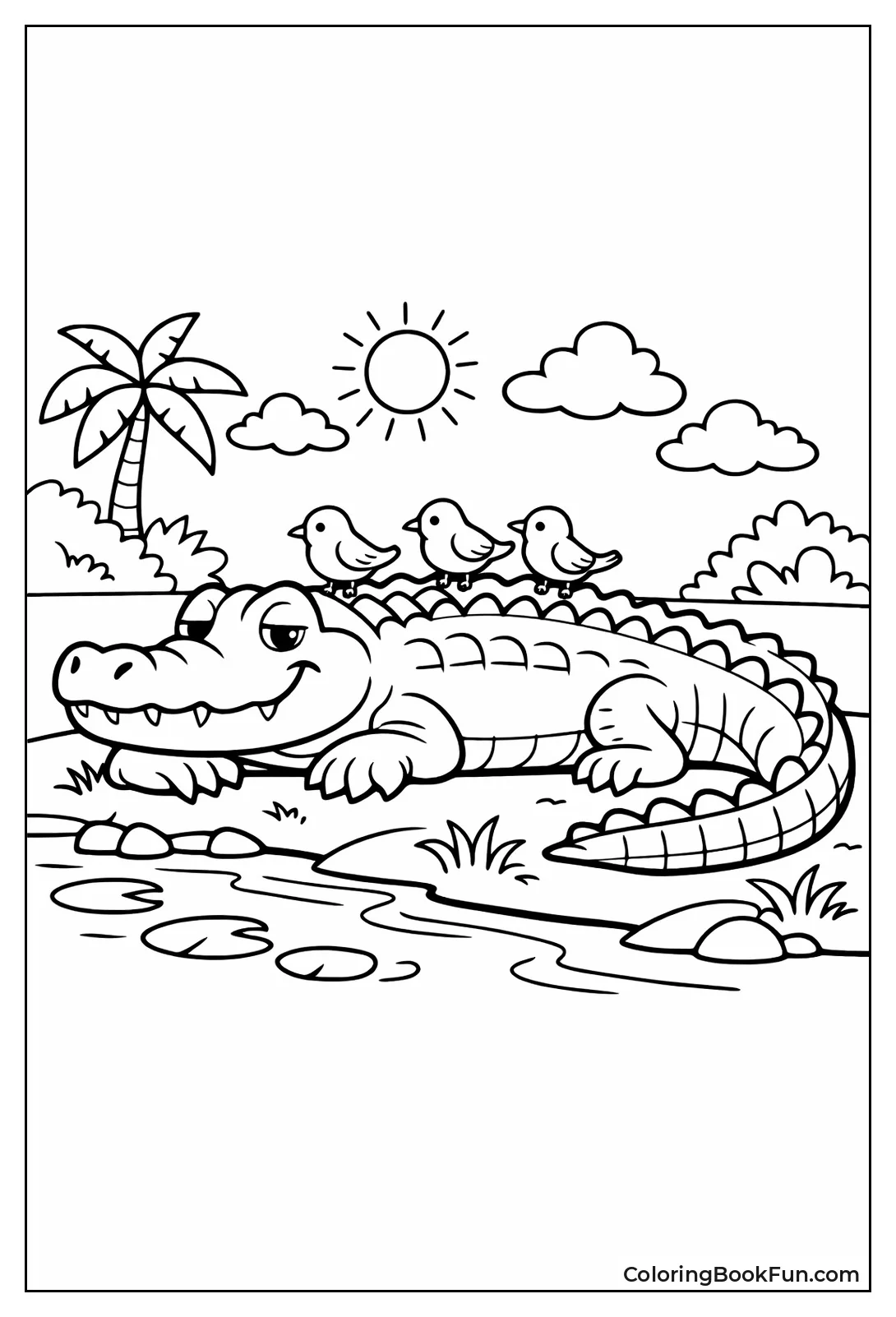 Crocodile Sunbathing with Birds