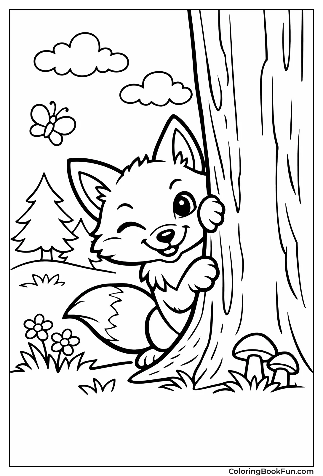 Fox Peeking around Tree