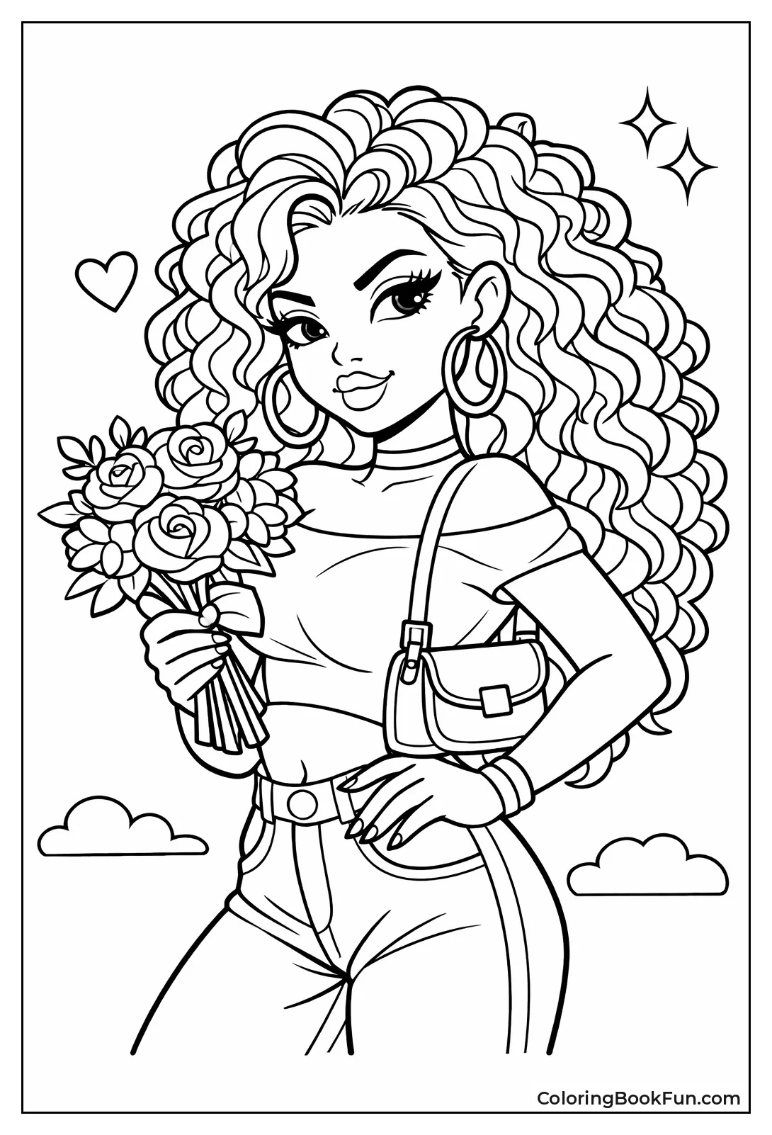 Curly Baddie Holds Pretty Flowers