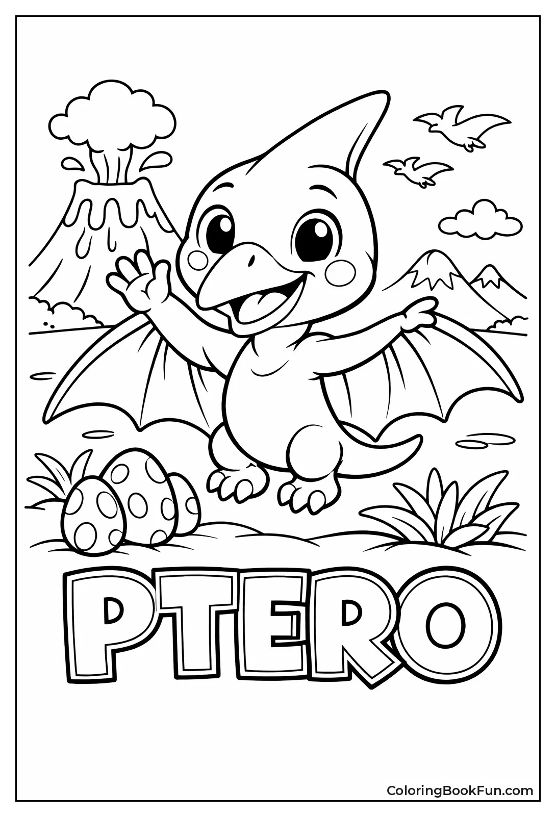 Cute Cartoon Pterodactyl Waving Happily