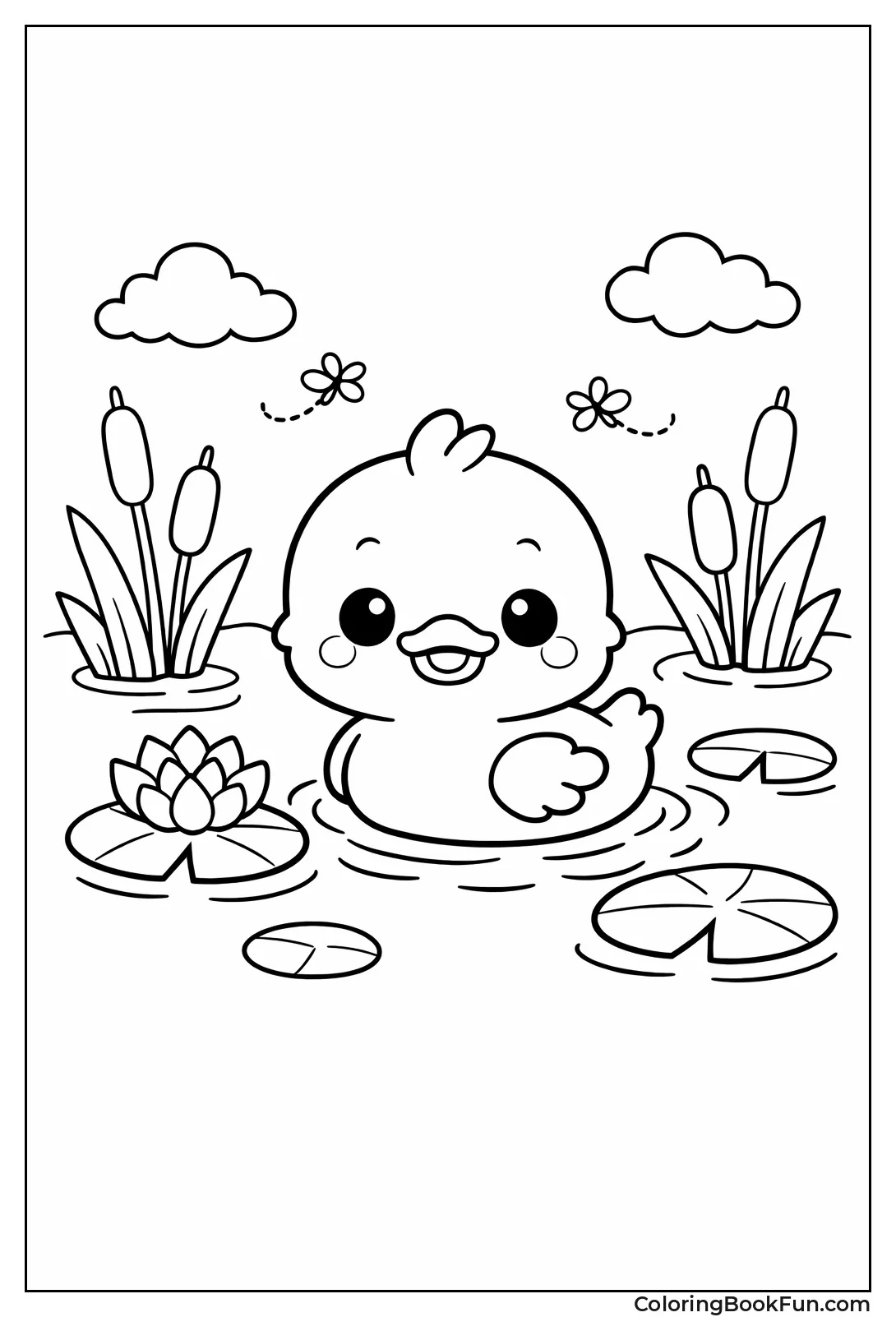 Duckling Paddling Lily Pond