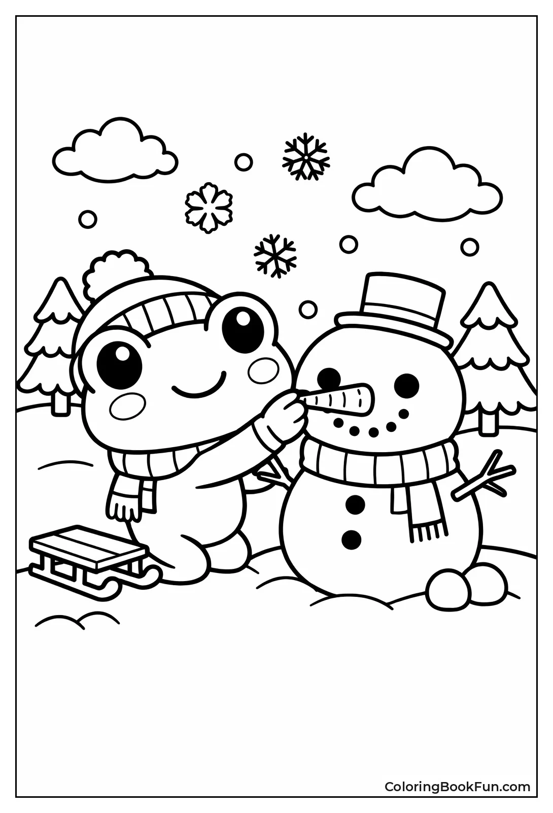 Frog Building Snowman Friend