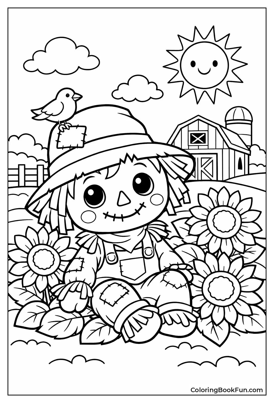 Cute Scarecrow among Sunflowers