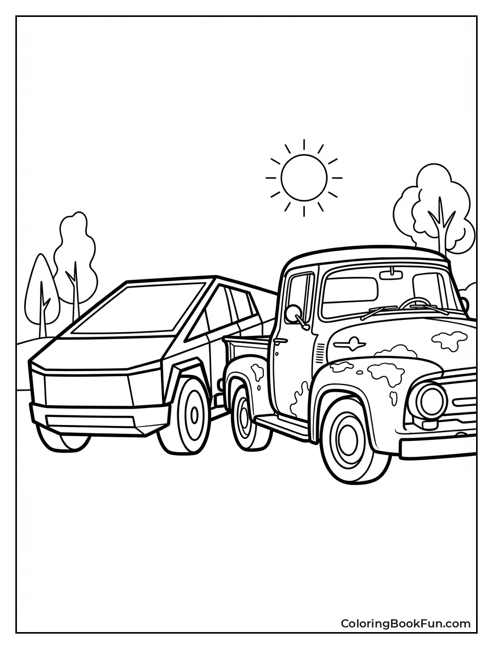 Cybertruck Parks by Old Truck