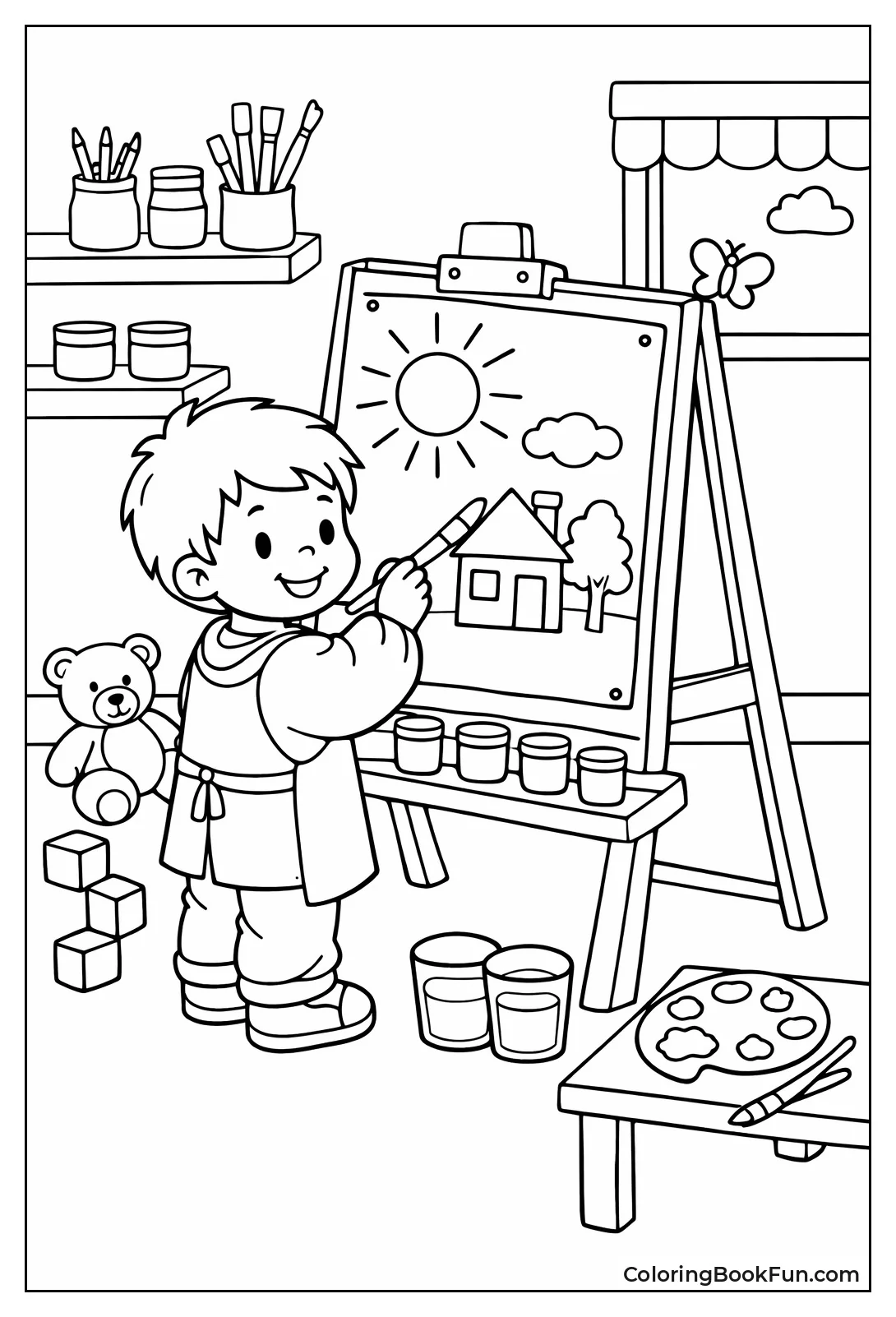 Child Paints on Art Easel