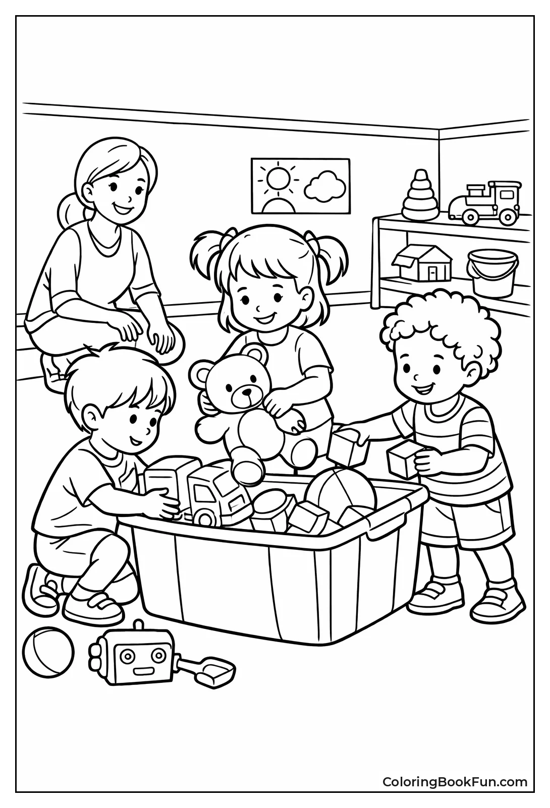 Children Clean Up Toy Bin