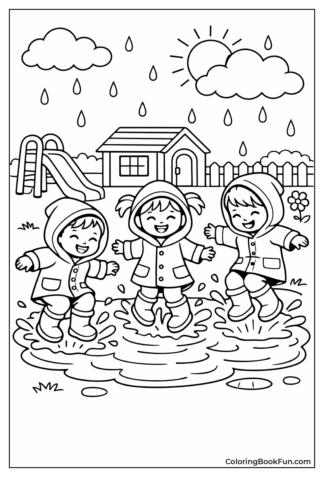 Kids Jump Rain Puddles Fun