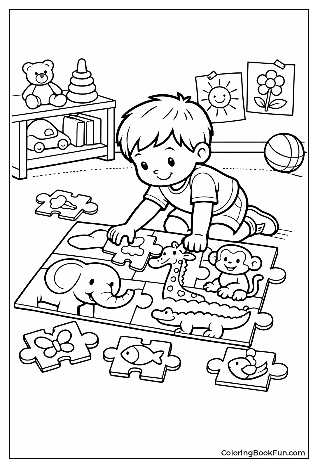 Child Fits Puzzle Animal Pieces