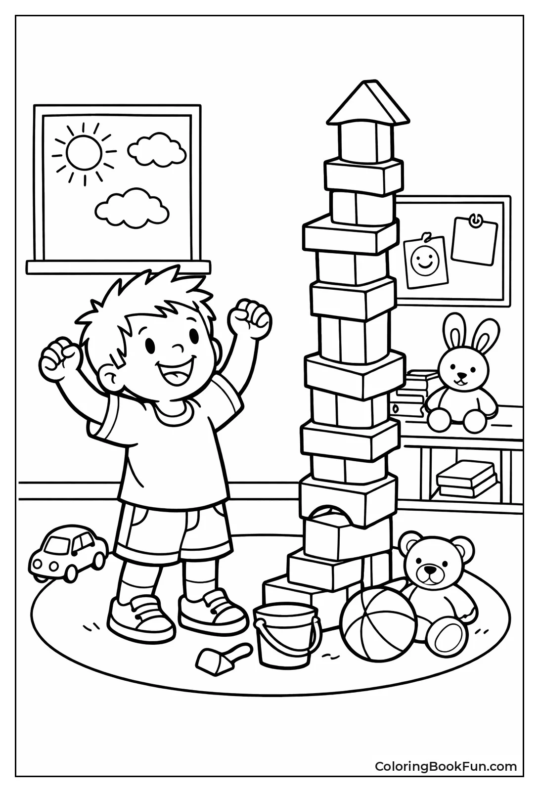 Proud Kid Stacks Wobbly Tower
