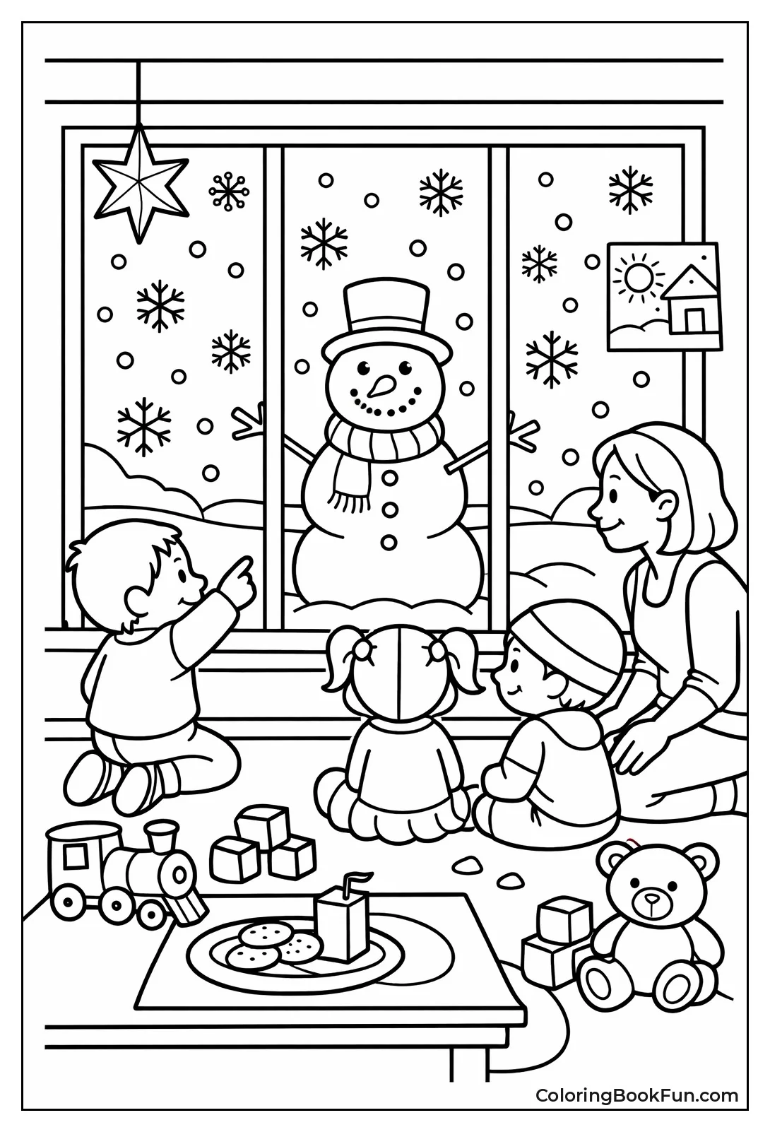 Snowman View through Winter Window