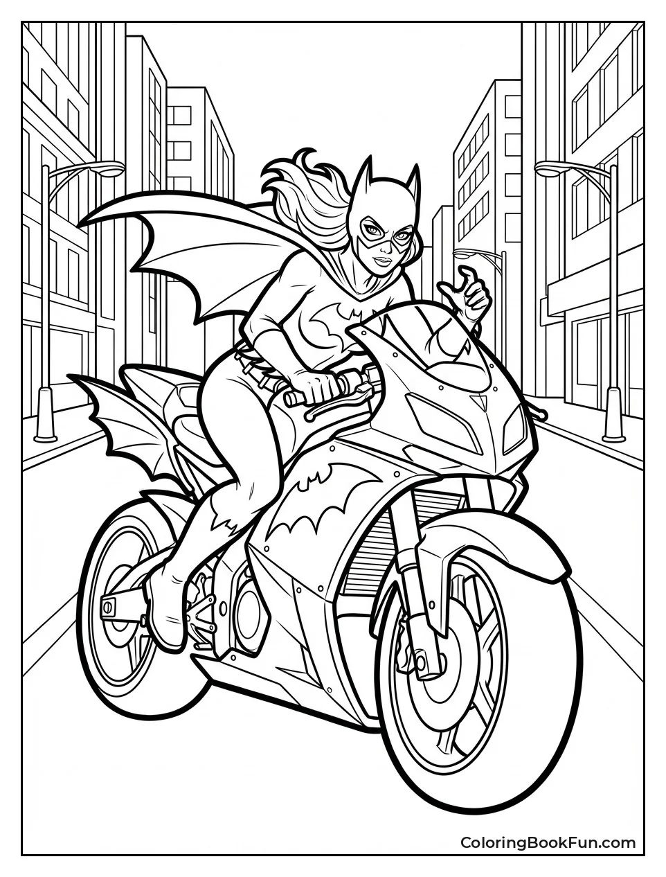 Batgirl Riding Motorcycle through Streets