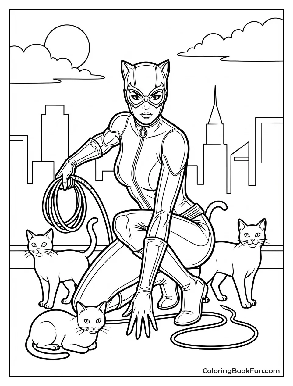 Catwoman Crouching with Cats and Whip