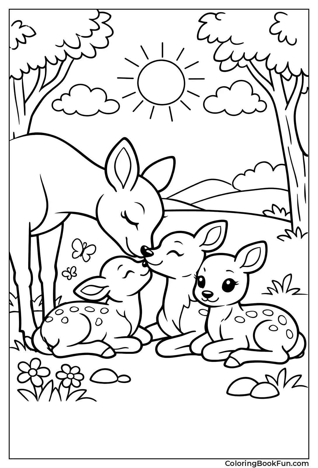 Doe Nuzzles Two Young Fawns