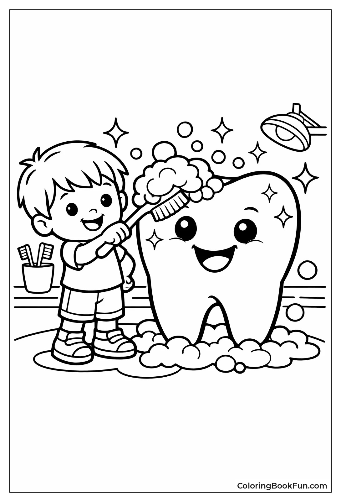 Child Brushing Giant Tooth