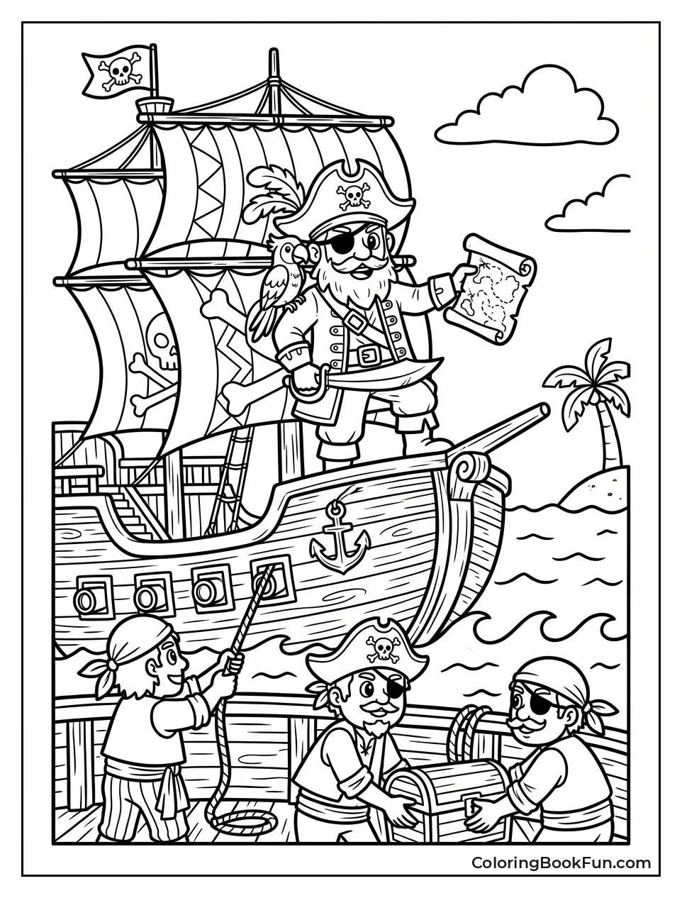 Detailed Pirate Crew Sails Ocean
