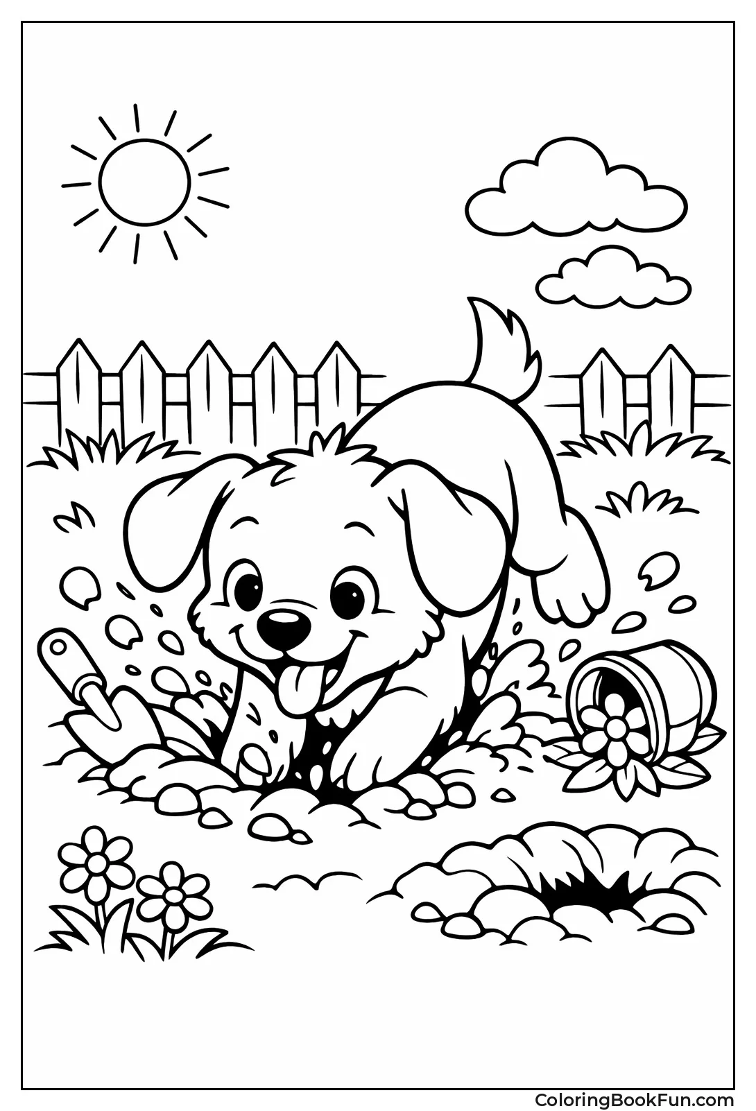 Puppy Digging in Garden Dirt