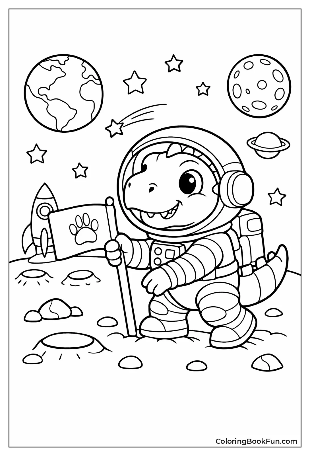 Dino Astronaut Plants Moon Flag