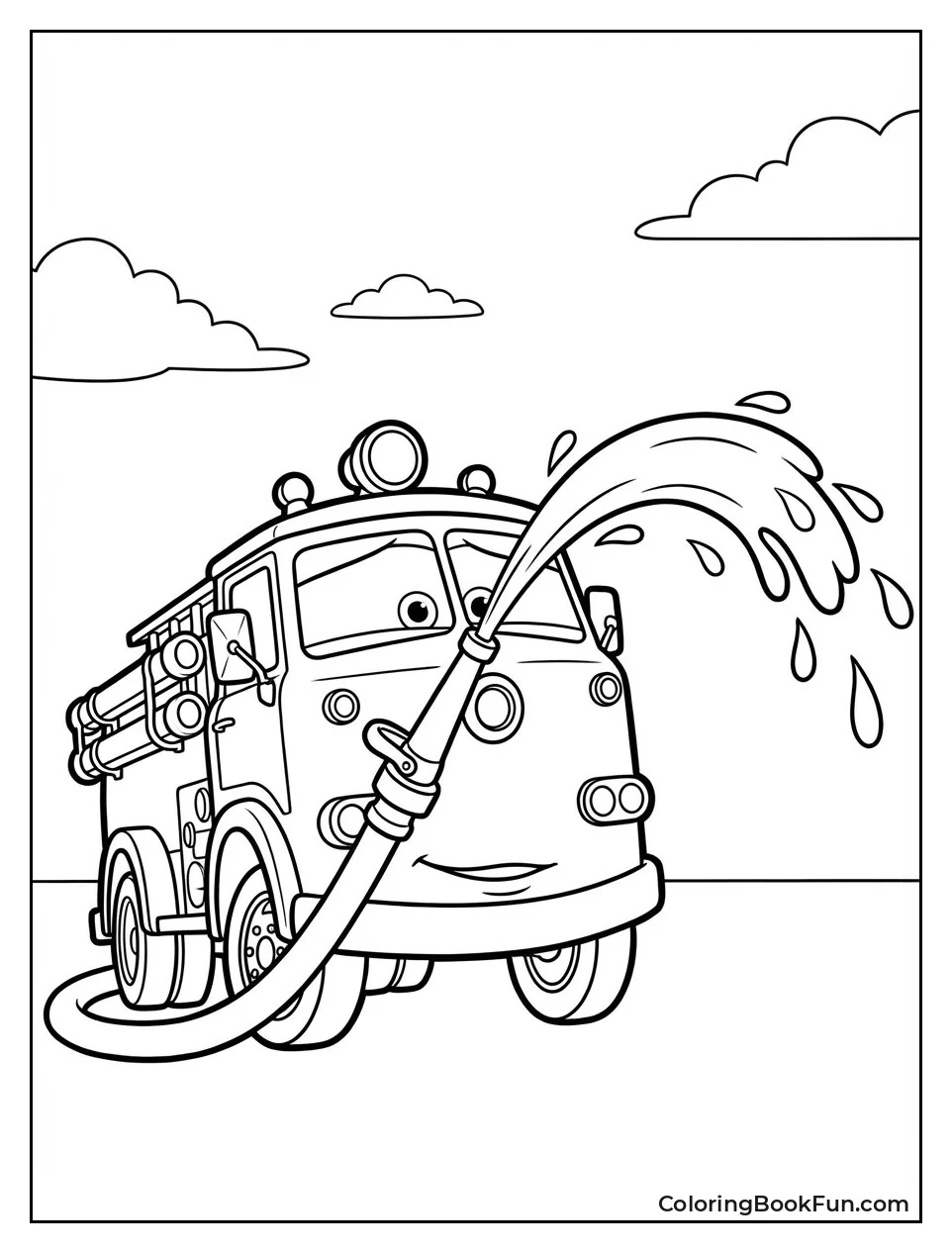 Red Fire Truck Sprays Water