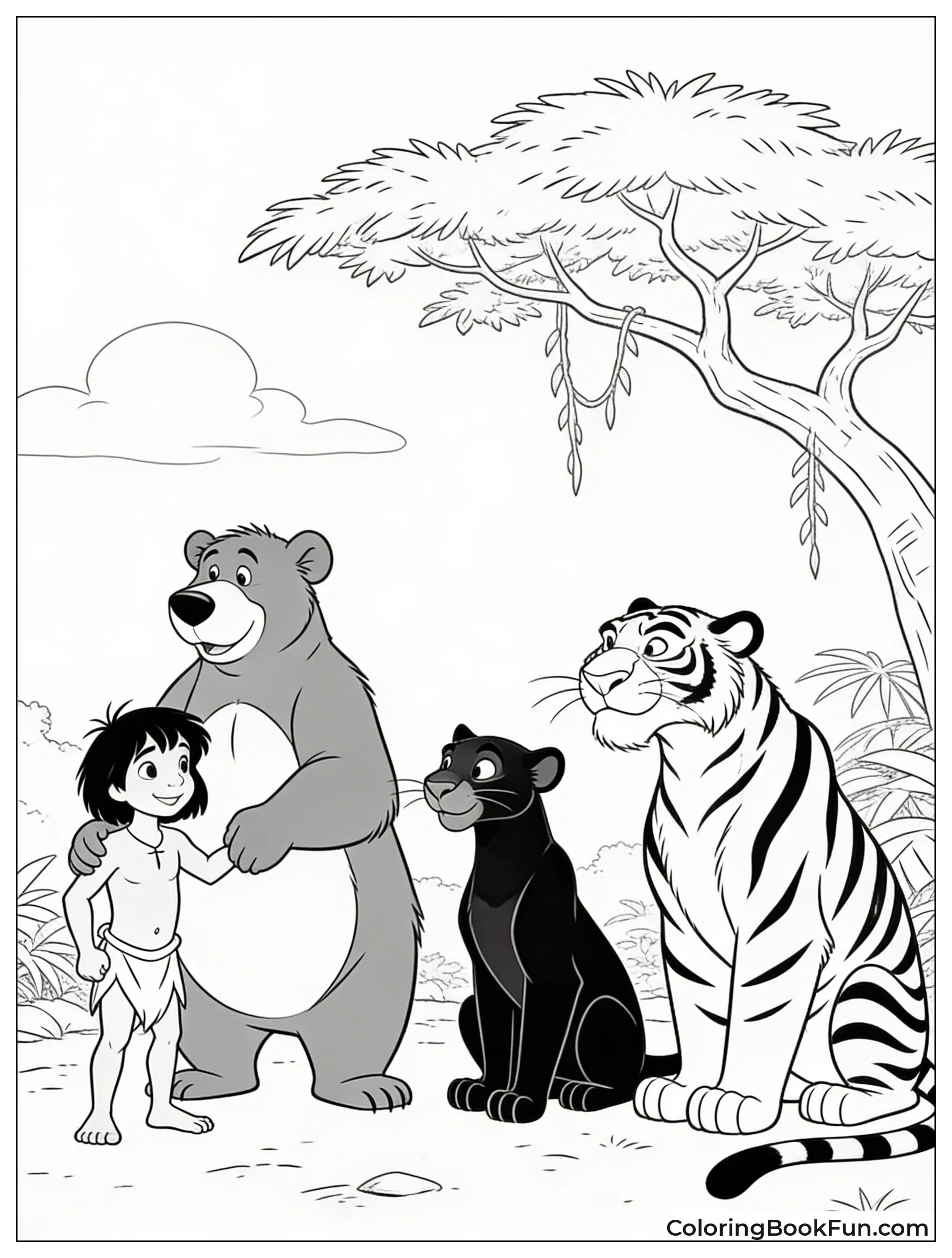 Mowgli Poses with Baloo and Bagheera