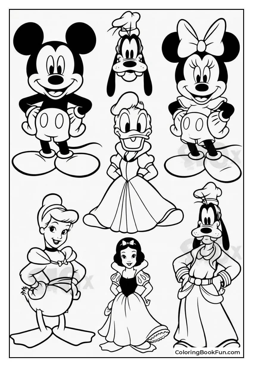Mickey Mouse and Princess Tattoo Outlines