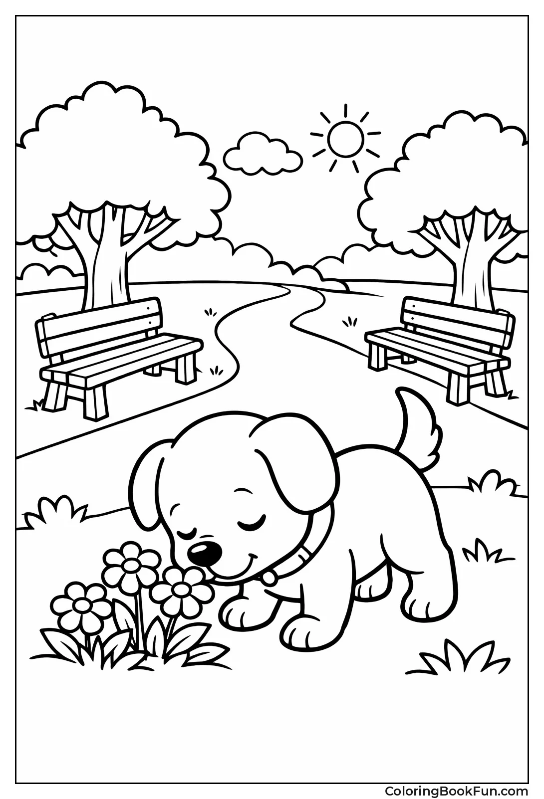 Dog Sniffs Park Flowers