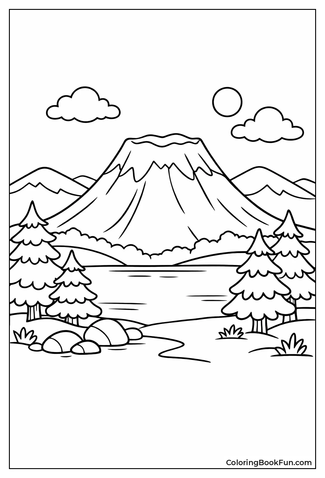 Snowy Dormant Volcano with Pines