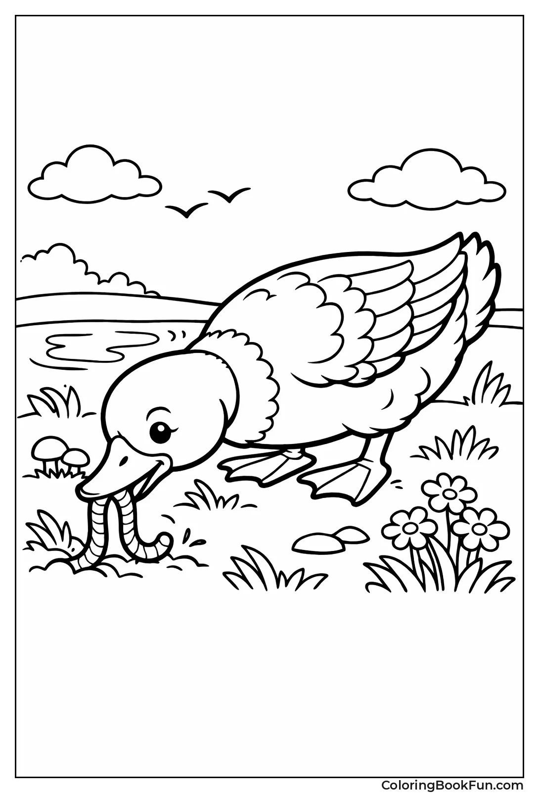 Duck Pulling Up Worm