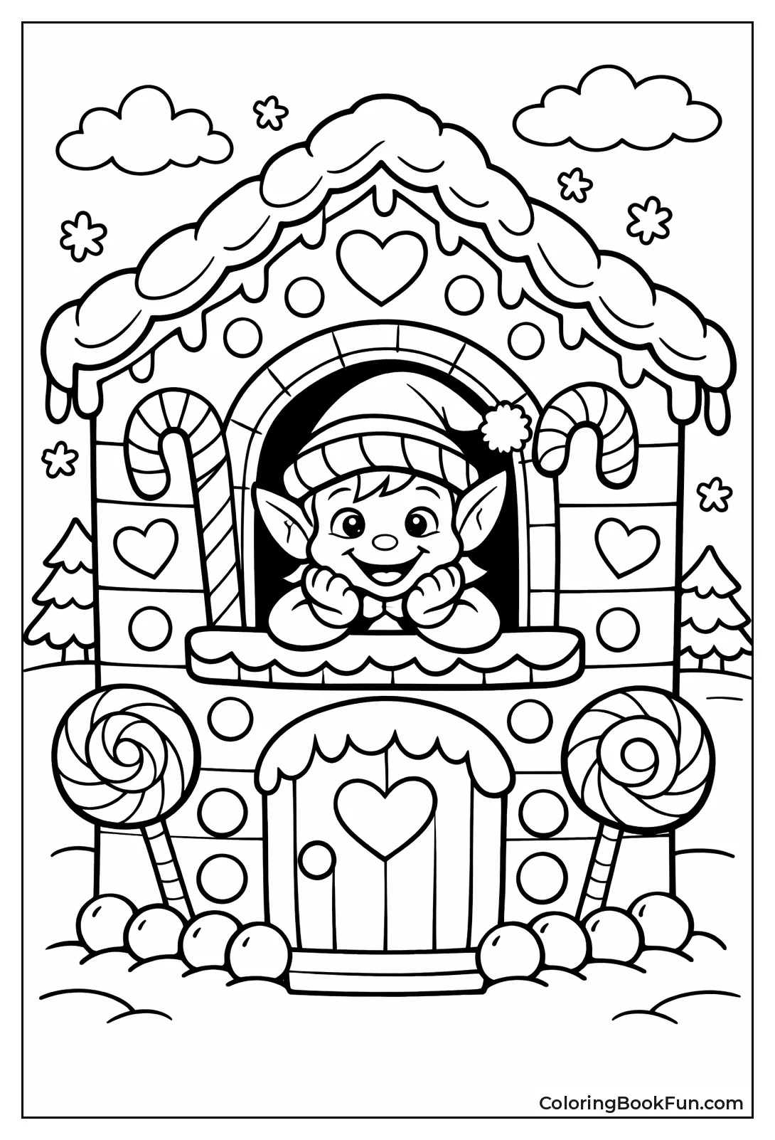 Elf Peeking Gingerbread House