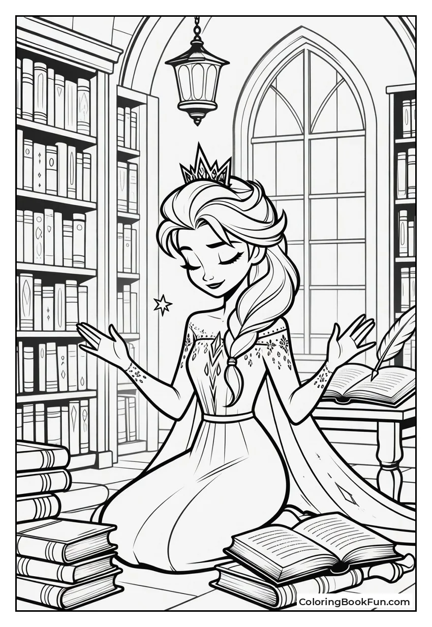 Elsa Reads in Castle Library