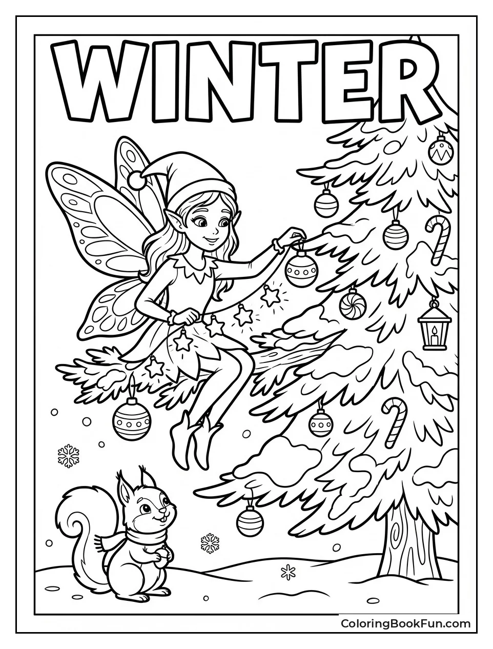 Fairy Decorating Snowy Tree