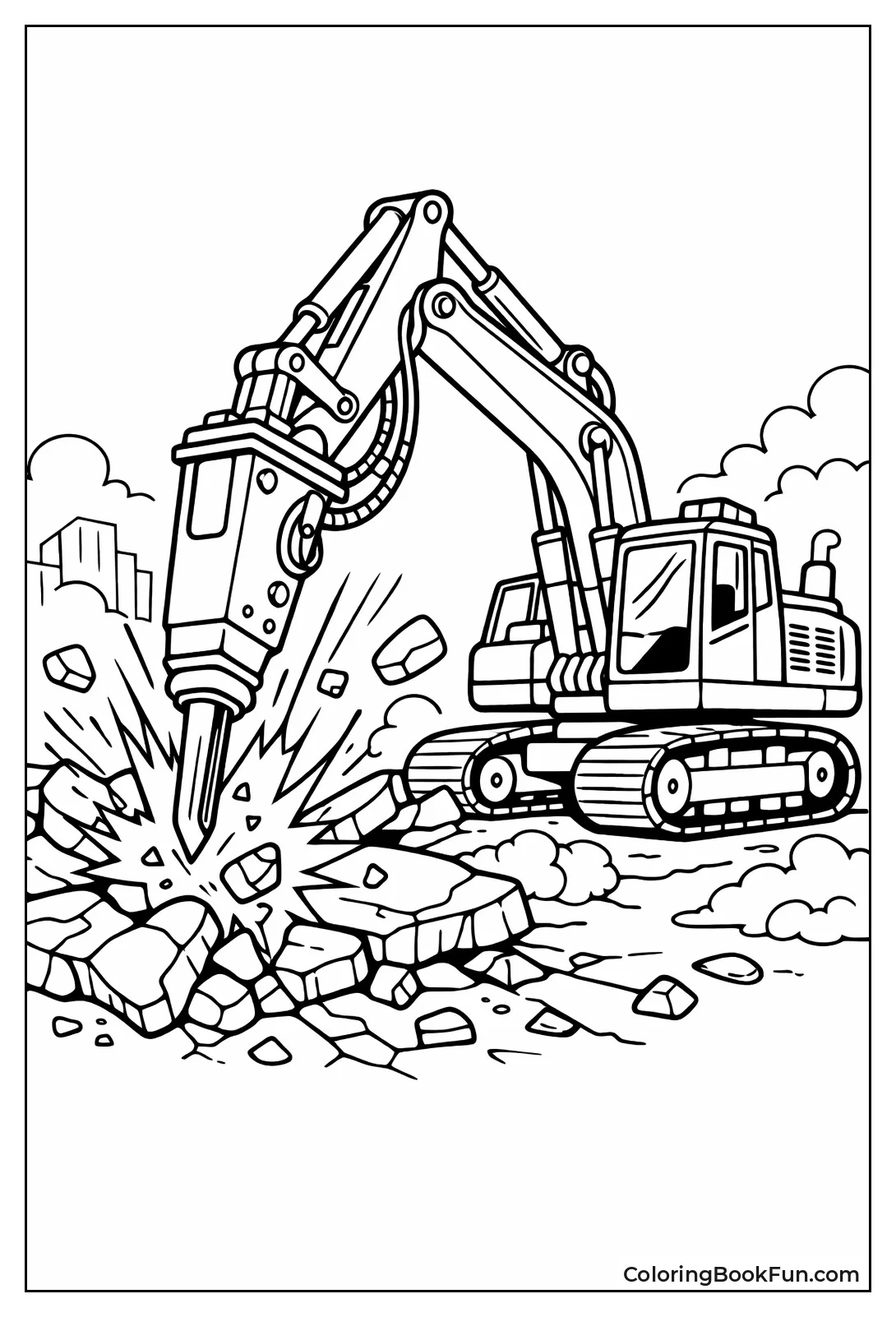 Excavator Hammer Smashing Concrete Slab