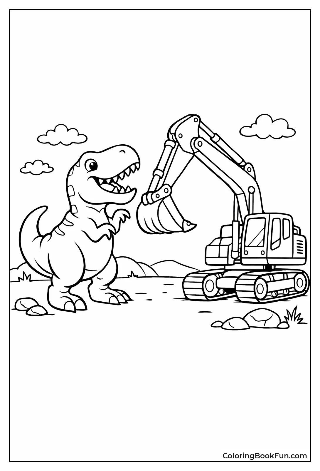 T-Rex Standing by Big Excavator