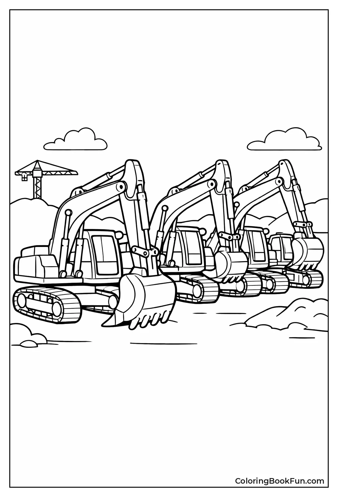 Fleet of Parked Excavators Lined Up