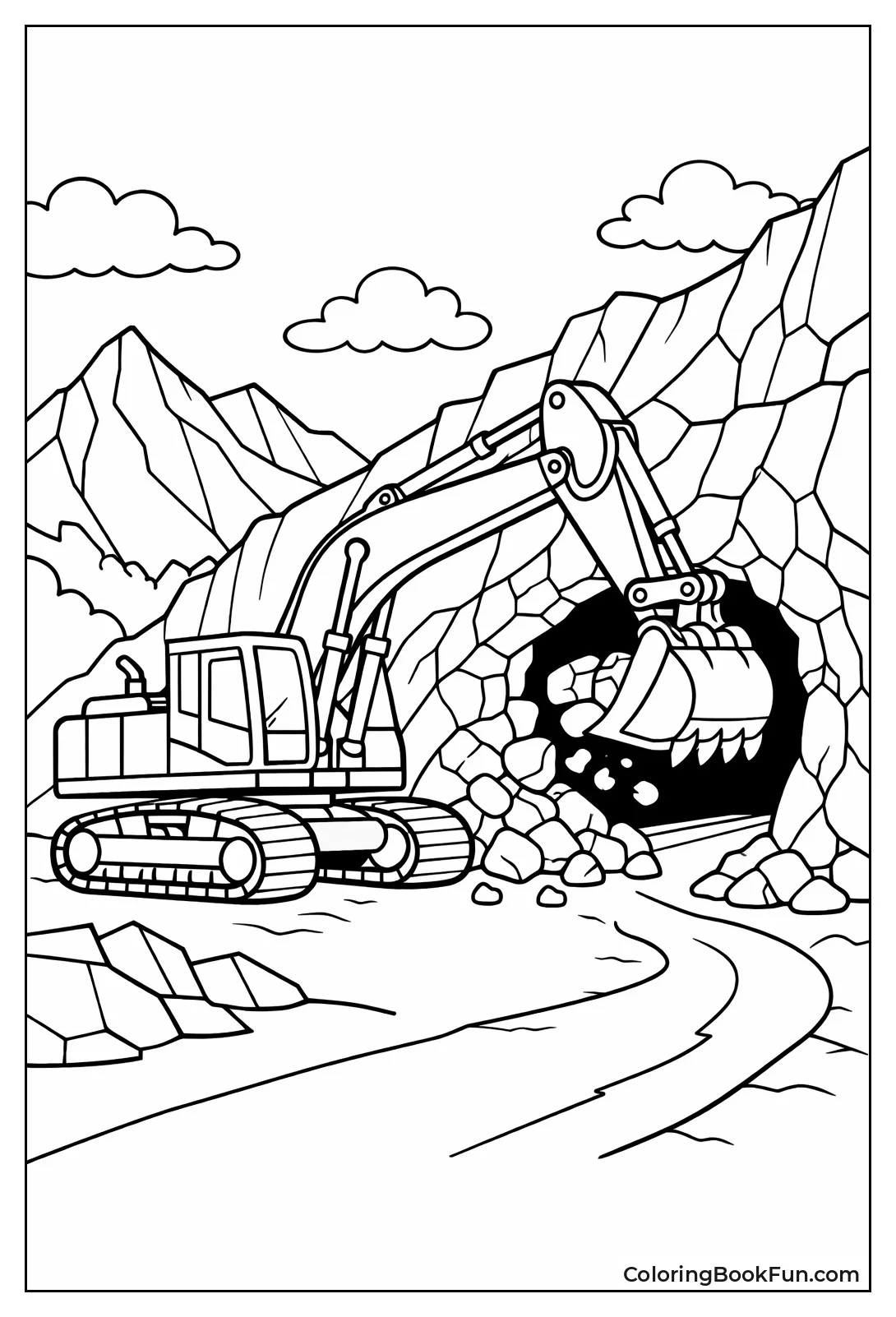 Excavator Carving Mountain Tunnel Path