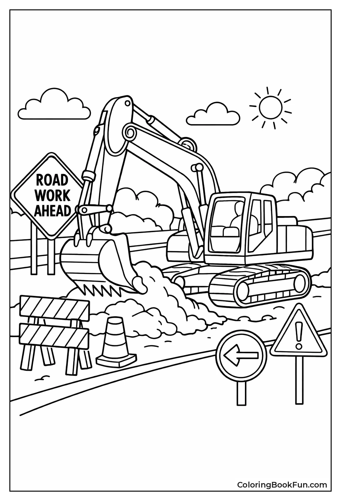 Excavator Digging Beside Road Signs