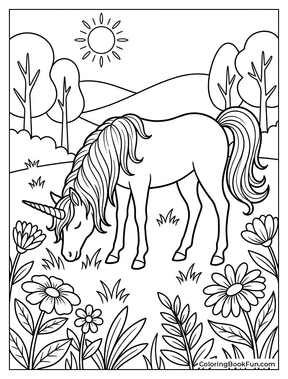 Unicorn Grazing in Meadow