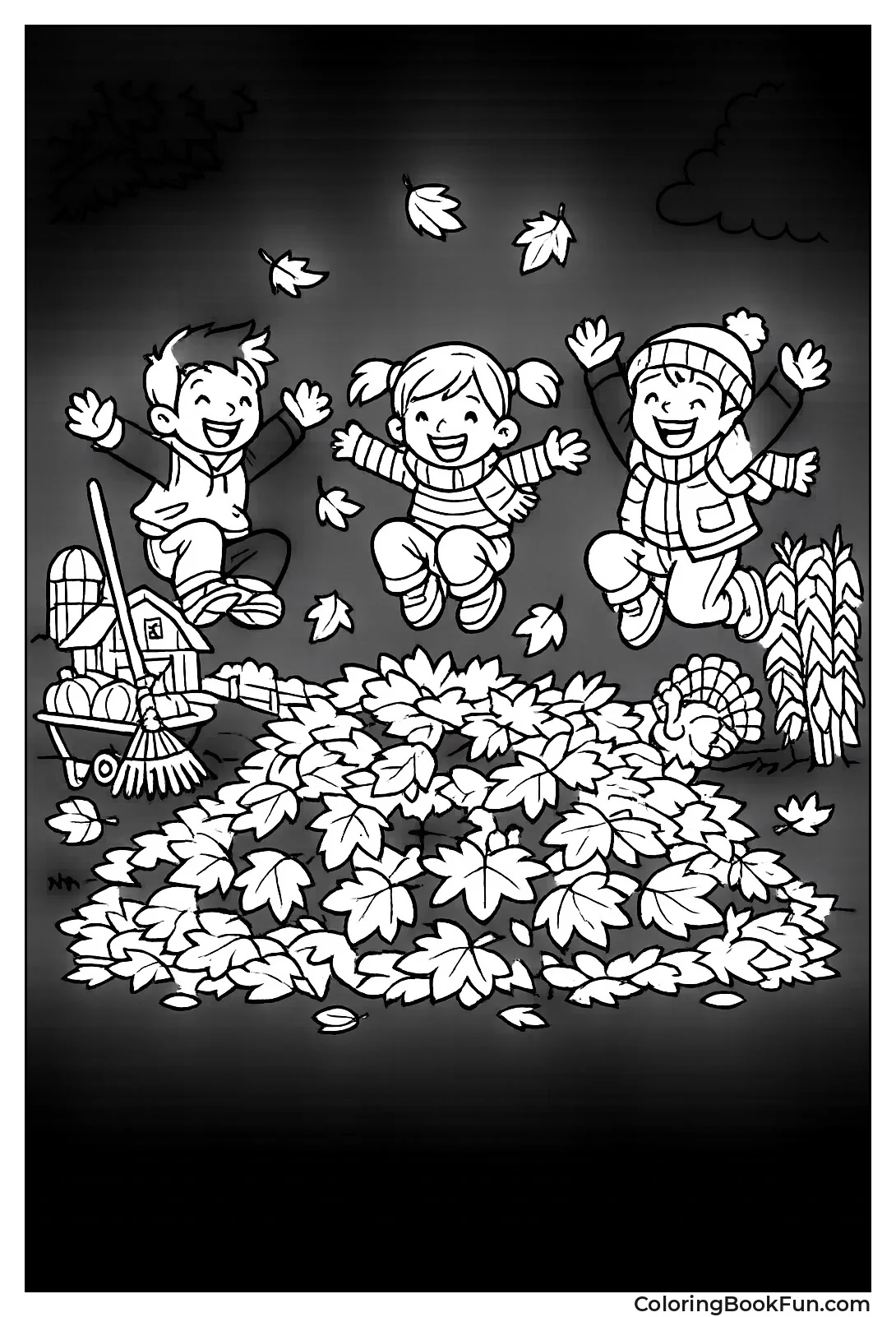 Kids Jump in Leaf Pile
