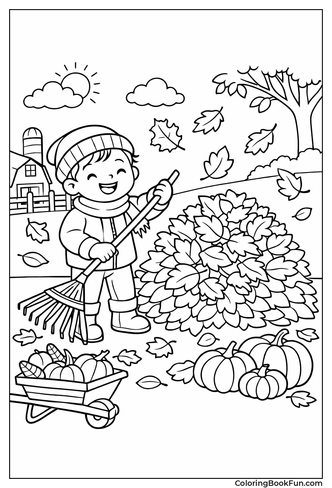 Child Rakes Leaf Pile